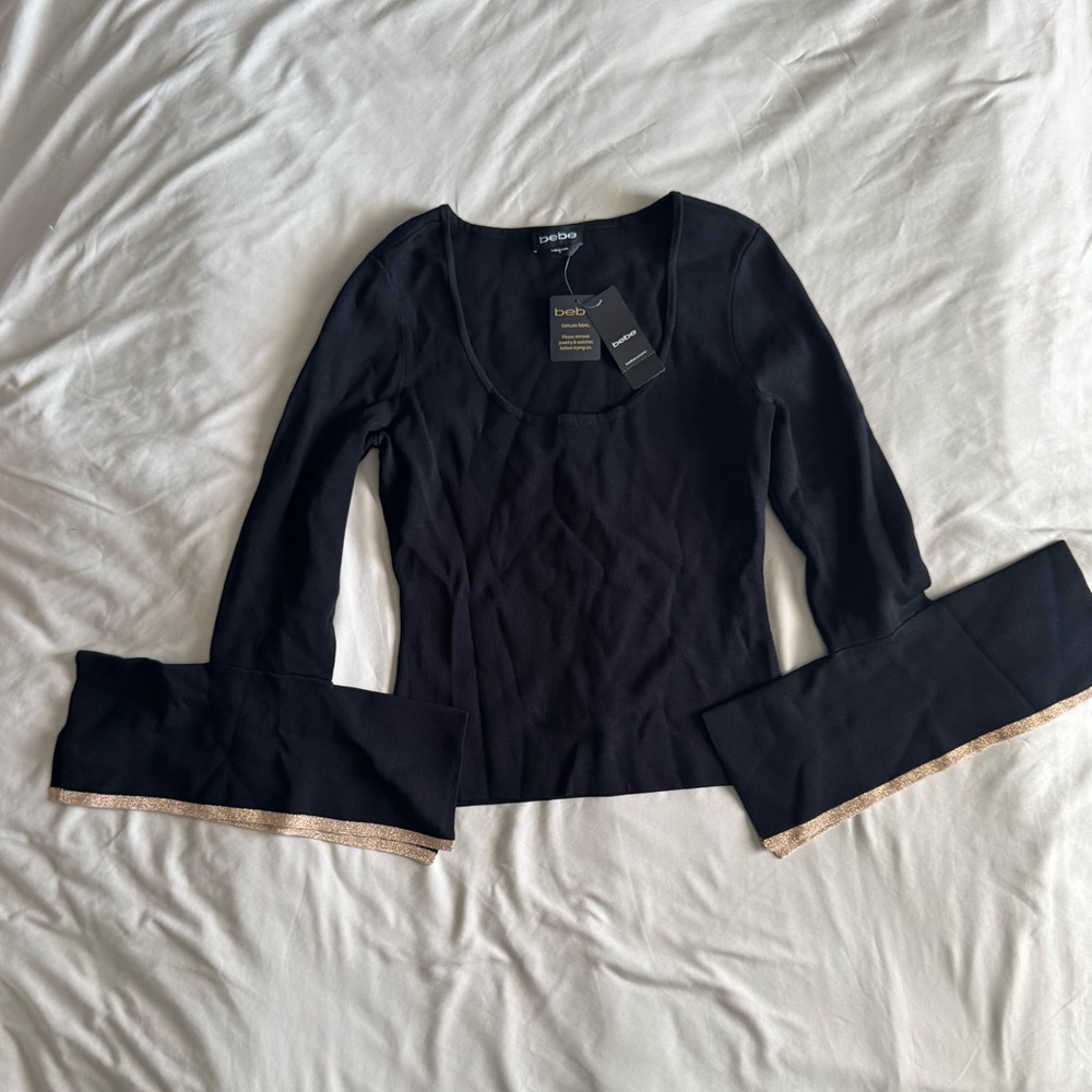 Bebe Gold Tipped Flutter Sleeve Black Sweater